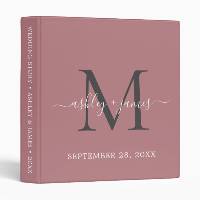 Elegant Monogram Script Dusty Rose Wedding Binder (Front/Spine)
