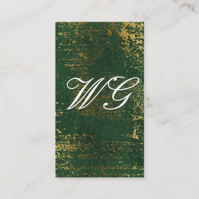 Elegant Monogram Script Gold Grunge Green Texture Business Card (Front)