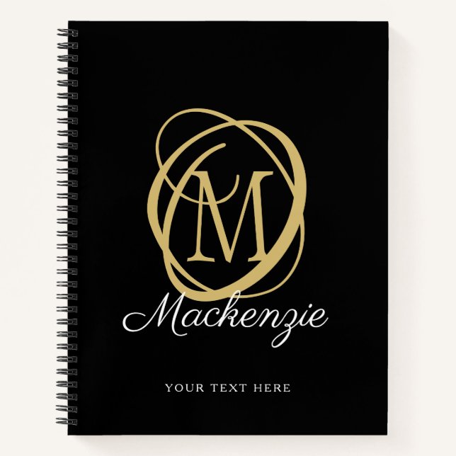 Elegant Monogram Script Name Black Gold Notebook (Front)