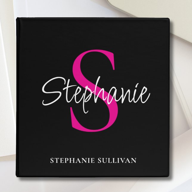 Elegant Monogram Script Name Black Pink Binder (Creator Uploaded)