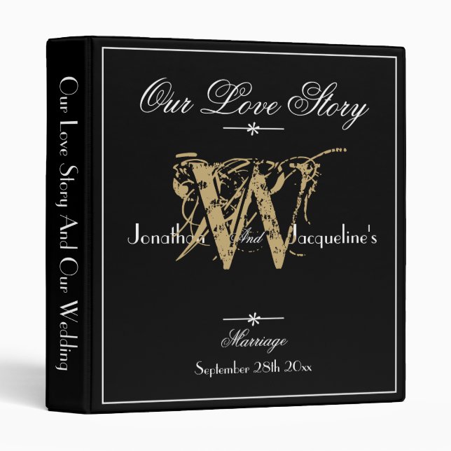 Elegant Monogram Script Name Classy Black Wedding  Binder (Front/Spine)