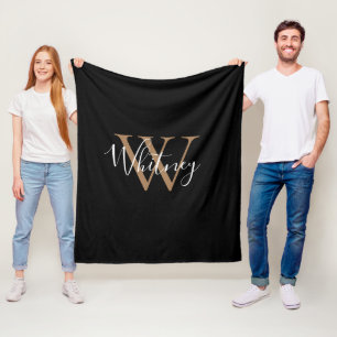 Elegant Monogram Script Name Gold Black  Fleece Bl Blanket