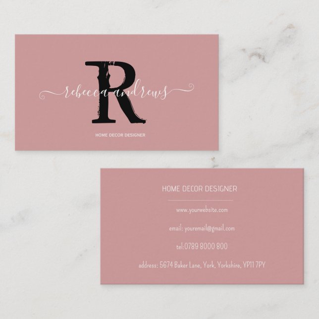 Elegant Monogram Script Name Initial Dusty Pink  Business Card (Front/Back)