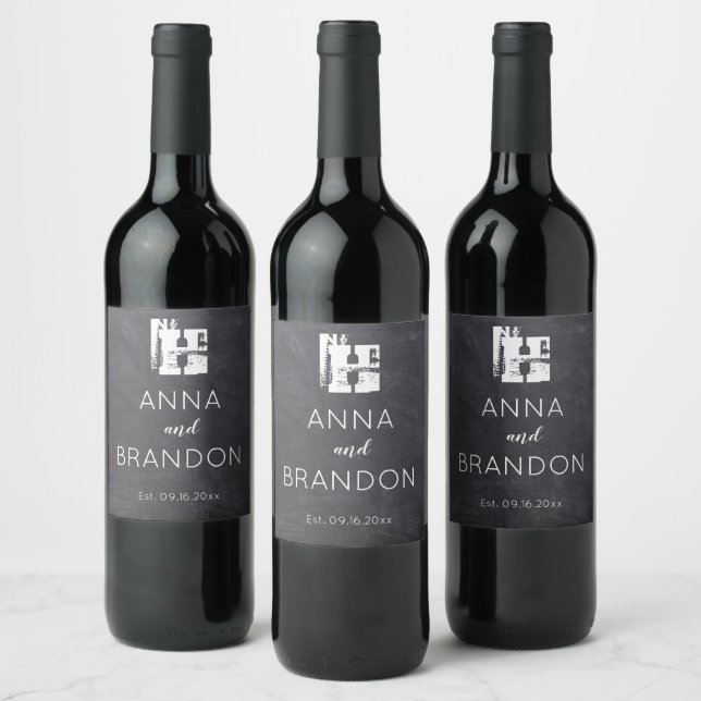Elegant Monogram Script Name Modern Wedding Black  Wine Label (Bottles)
