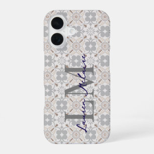 Elegant Monogram Script Name Spanish Tile iPhone 16 Case
