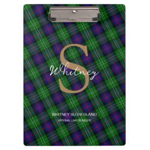Elegant Monogram Script Name Sutherland Tartan Clipboard