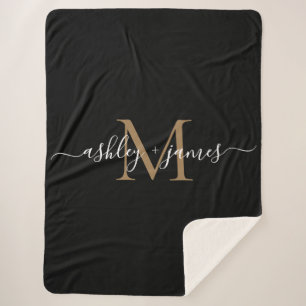 Elegant Monogram Script Names Black Gold Newlywed Sherpa Blanket