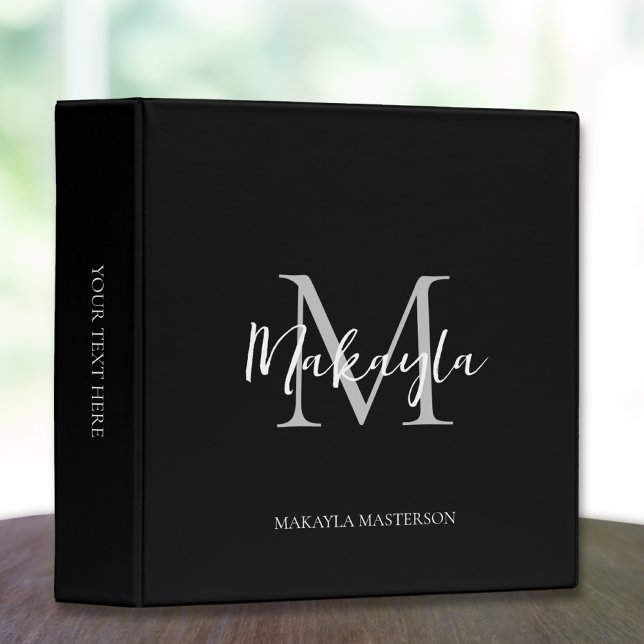 Elegant Monogram Script Office School Black Binder (Creator Uploaded)