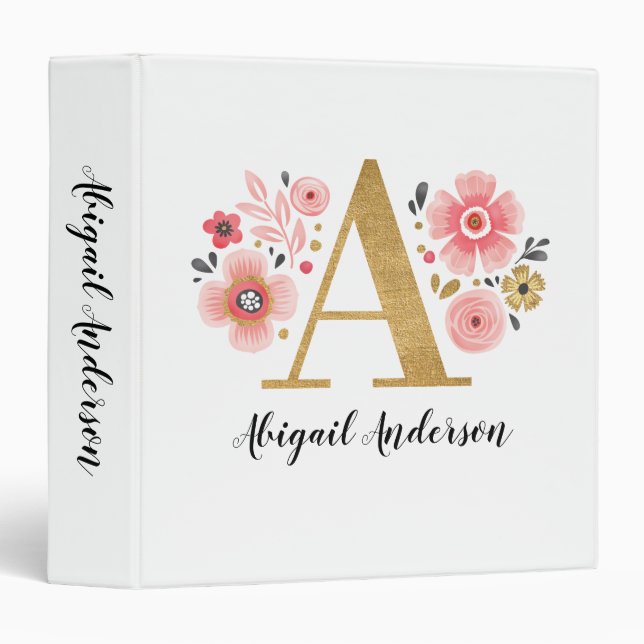 Elegant Monogram Script Pink White Floral Office Binder (Front/Spine)