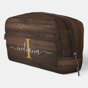Elegant Monogram Script Rustic Wood Look Dopp Kit