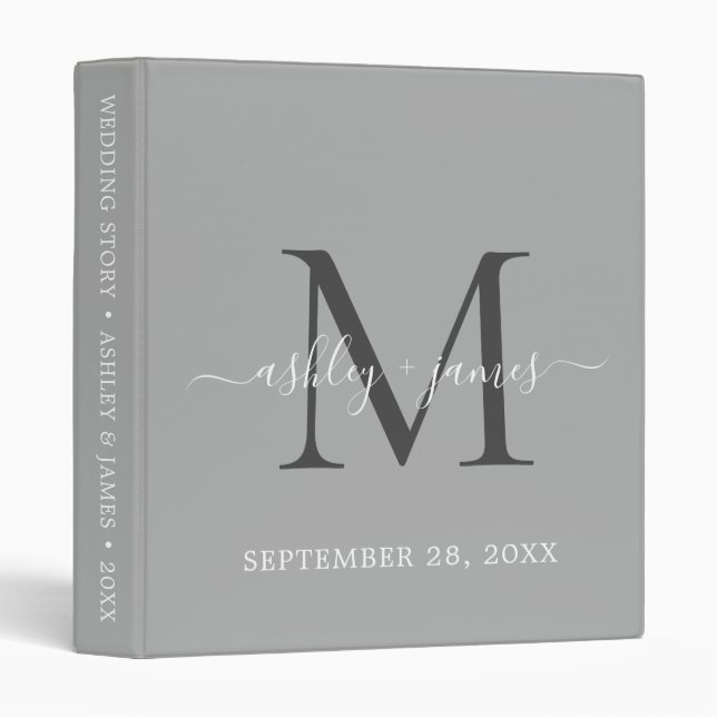 Elegant Monogram Script Silver Grey Wedding Binder (Front/Spine)
