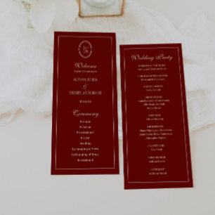Elegant Monogram Script Wine Red Wedding Ceremony Program