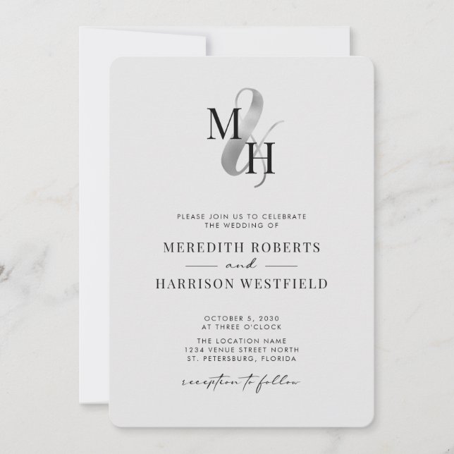 Elegant Monogram Silver Ampersand QR Code Wedding Invitation (Front)