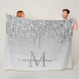 Elegant Monogram Silver Glitter Drips Fleece Blanket
