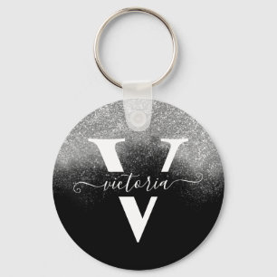 Elegant Monogram Silver Glitter Girly Black Custom Keychain