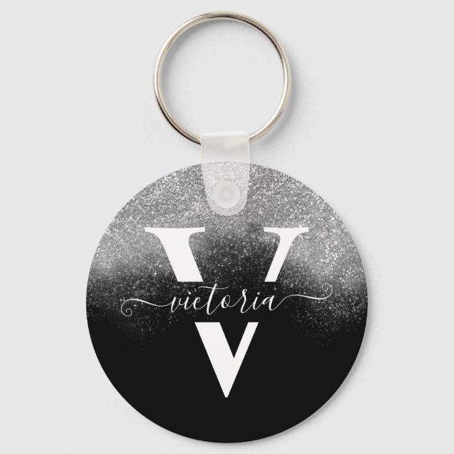 Elegant Monogram Silver Glitter Girly Black Custom Keychain (Front)