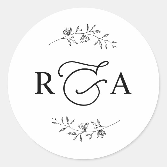 Elegant Monogram Simple Black and White Classic Ro Classic Round Sticker (Front)
