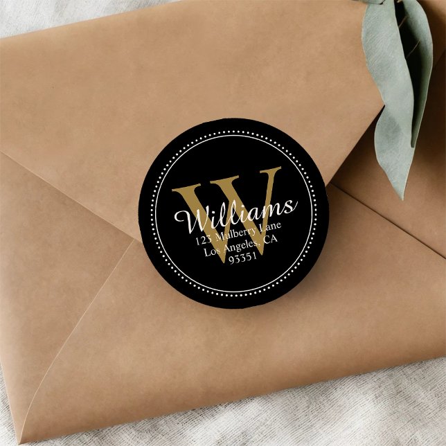 Elegant Monogram Solid Black Return Address Classic Round Sticker (Creator Uploaded)