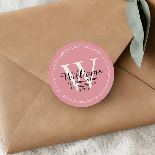 Elegant Monogram Solid Pink Return Address Classic Round Sticker (Creator Uploaded)