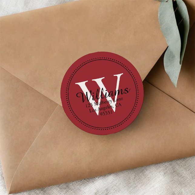 Elegant Monogram Solid Red Return Address Classic Round Sticker (Creator Uploaded)