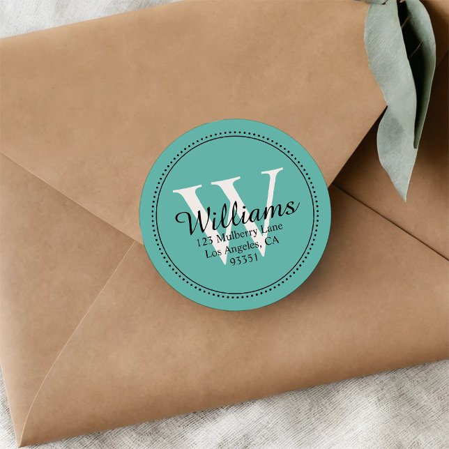 Elegant Monogram Solid Teal Return Address Classic Round Sticker (Creator Uploaded)