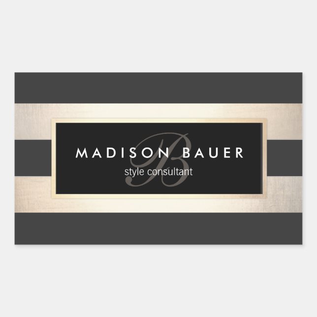 Elegant Monogram Striped Black and FAUX Gold Foil Sticker (Front)