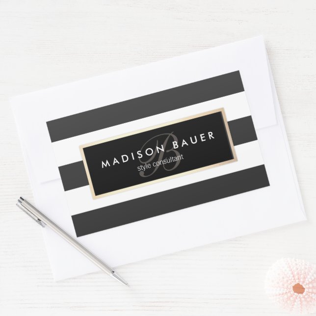 Elegant Monogram Striped Black and White Sticker (Envelope)