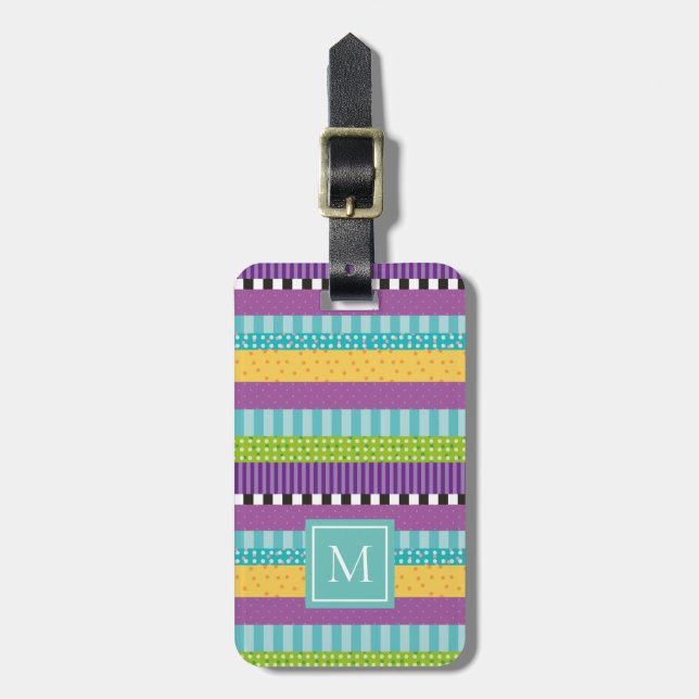 Elegant Monogram Stripes And Dots Pattern  Luggage Tag (Front Vertical)