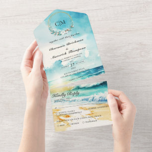 Elegant Monogram Summer Beach Wedding All In One I All In One Invitation