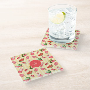 Elegant Monogram Summer Watermelon Drinks Glass Coaster
