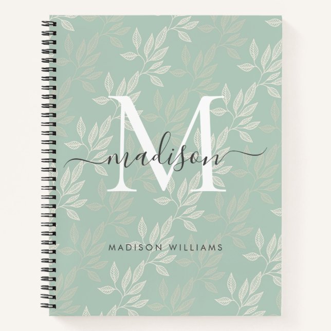 Elegant Monogram Teal Botanical Leaves Girly Notebook (Front)