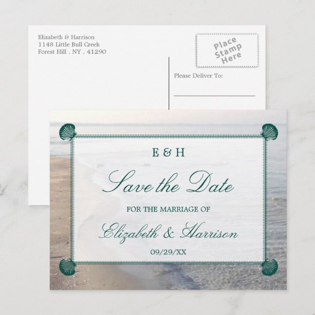 Elegant Monogram, Teal Scallop Beach Save The Date Announcement Postcard (Front/Back)