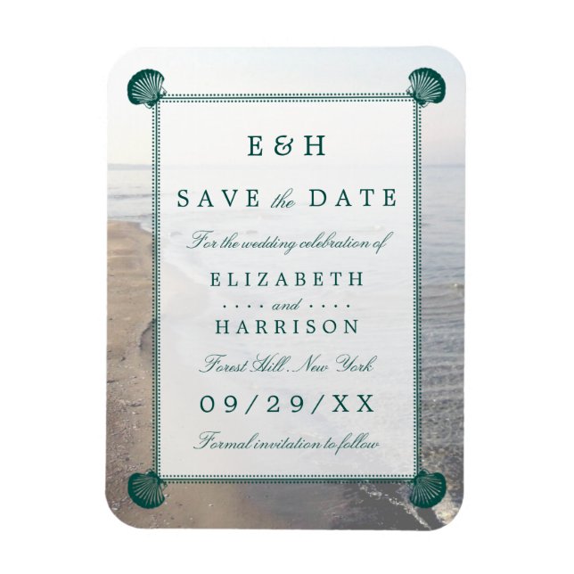 Elegant Monogram, Teal Scallop Beach Save The Date Magnet (Vertical)