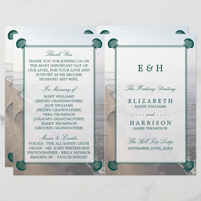 Elegant Monogram & Teal Scallop Beach Wedding (Front/Back)