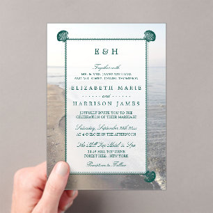 Elegant Monogram & Teal Scallop Beach Wedding Acrylic Invitations