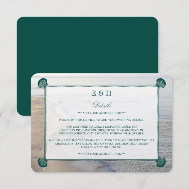 Elegant Monogram & Teal Scallop Beach Wedding Enclosure Card (Front/Back)