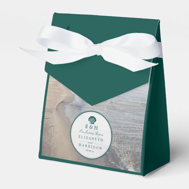 Elegant Monogram & Teal Scallop Beach Wedding Favor Box (Front Side)