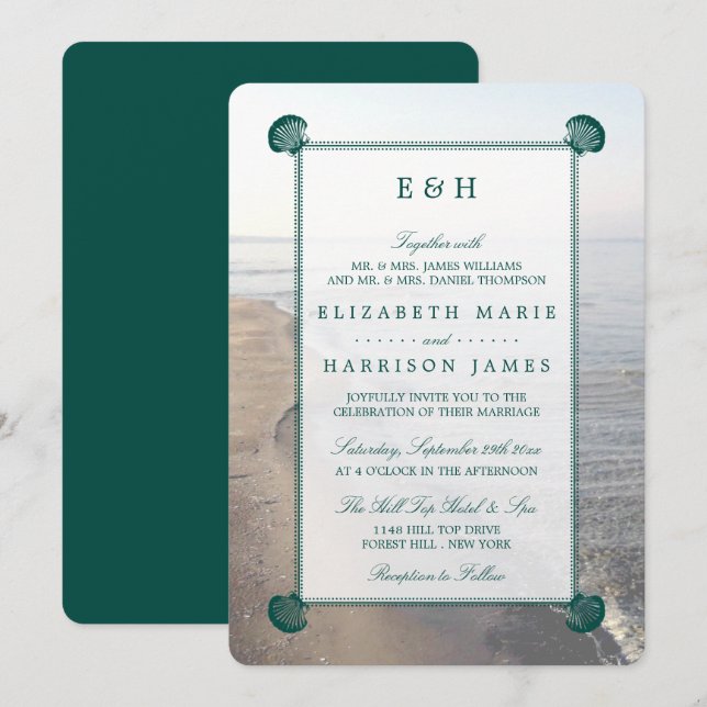 Elegant Monogram & Teal Scallop Beach Wedding Invitation (Front/Back)