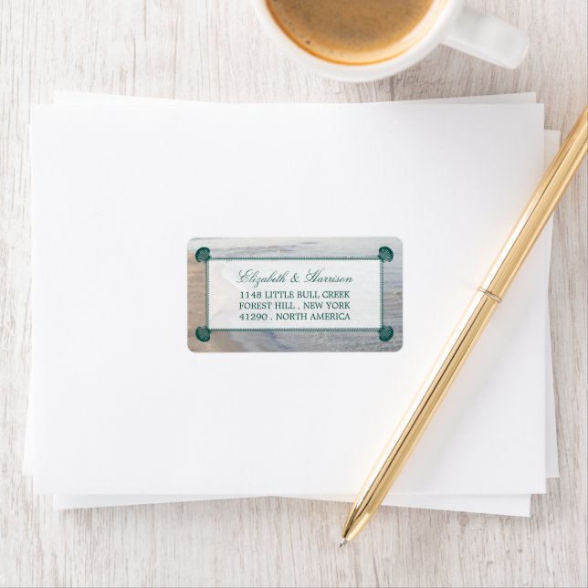 Elegant Monogram & Teal Scallop Beach Wedding Label (Insitu)