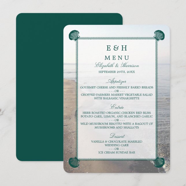 Elegant Monogram & Teal Scallop Beach Wedding Menu (Front/Back)