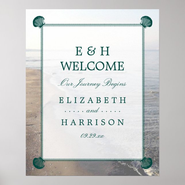 Elegant Monogram & Teal Scallop Beach Wedding Poster (Front)