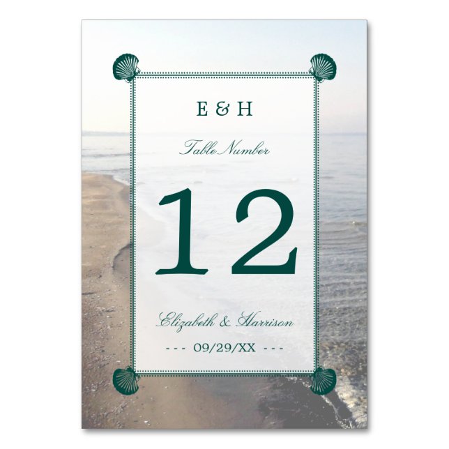 Elegant Monogram & Teal Scallop Beach Wedding Table Number (Front)