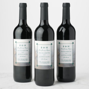 Elegant Monogram & Teal Scallop Beach Wedding Wine Label