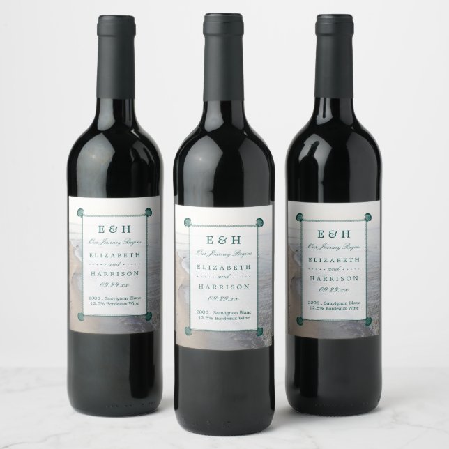 Elegant Monogram & Teal Scallop Beach Wedding Wine Label (Bottles)