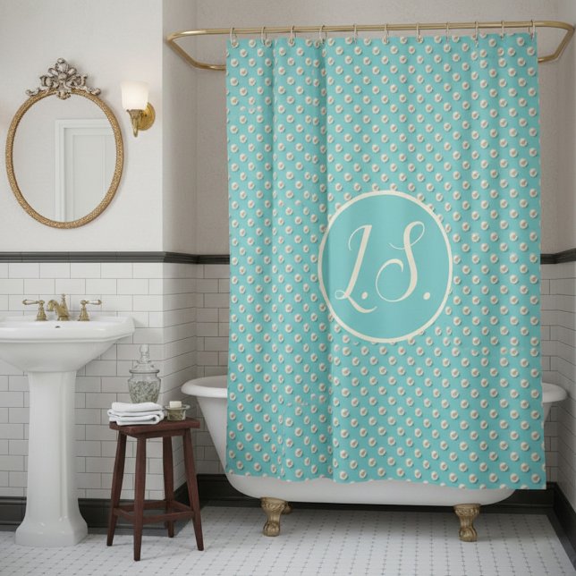 Elegant Monogram Teal Shower Curtain with Pearls (Creator Uploaded)