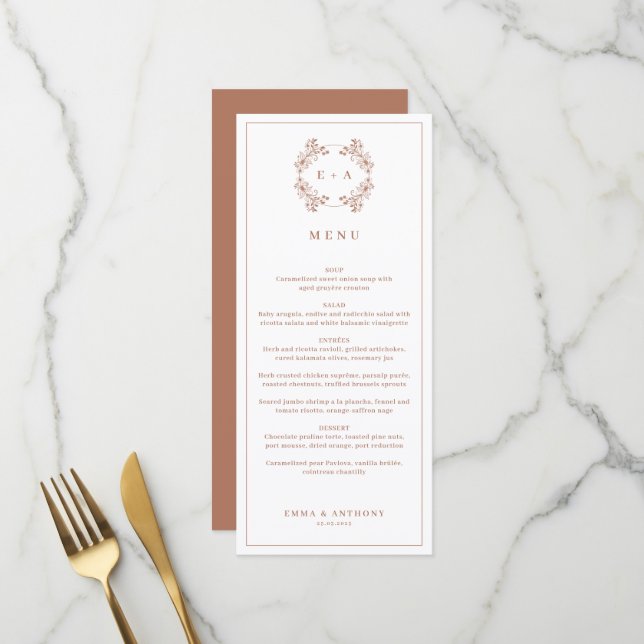 Elegant Monogram Terracota Wedding Menu (Front/Back In Situ)
