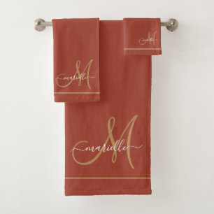 Elegant Monogram Terracotta Gold Script Name  Bath Towel Set
