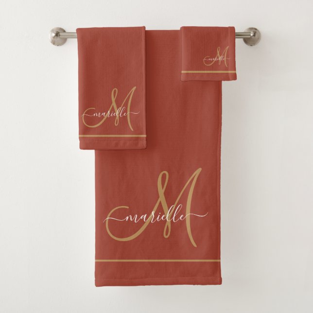 Elegant Monogram Terracotta Gold Script Name  Bath Towel Set (Insitu)