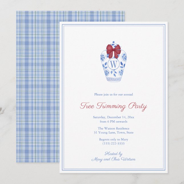 Elegant Monogram Tree Trimming Christmas Party Invitation (Front/Back)