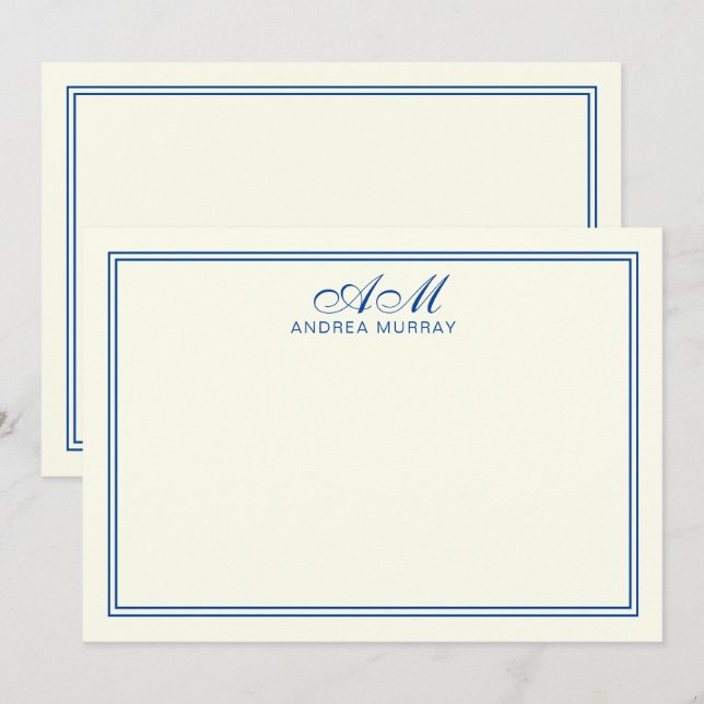 Elegant Monogram Two Border Navy Blue Ivory Card (Front/Back)